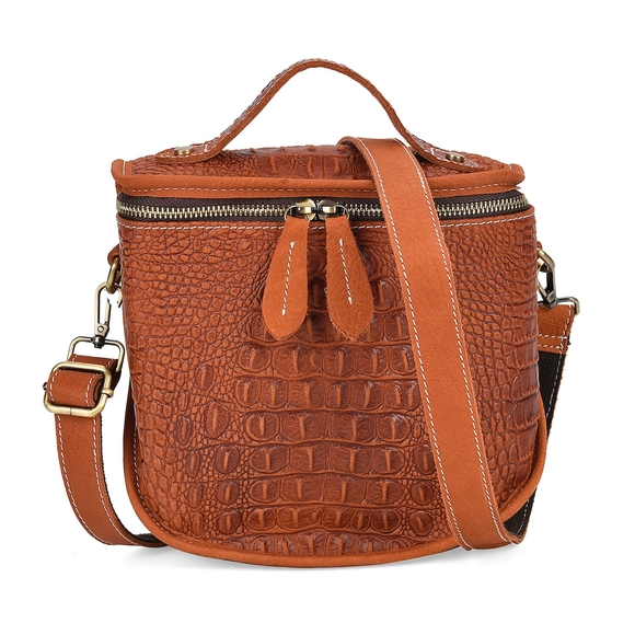 Handbags - Tan Leather Croc-Embossed Women's Bag